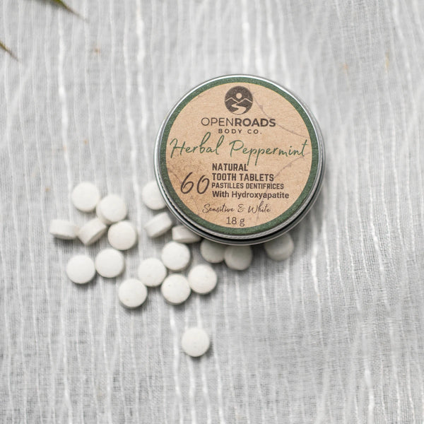 Herbal Peppermint natural tooth tablets in tin, eco-friendly oral care with hydroxyapatite for sensitive teeth